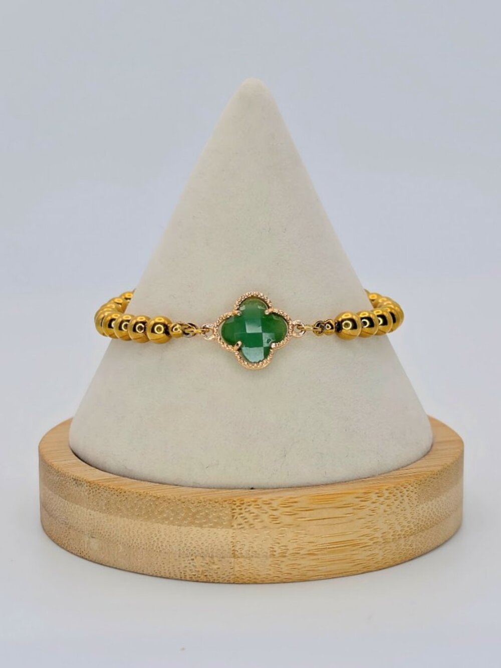 Gold & Green Clover Beaded Bracelet | Designer Style Four Leaf Clover Chain